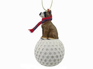 Brown Boxer Dog on Golf Ball Christmas Ornament – Hand-Painted Stone Resin