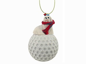 Maltese Dog on Golf Ball Christmas Ornament – Hand-Painted Stone Resin