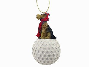 Airedale Dog on Golf Ball Hanging Ornament – Hand-Painted Stone Resin