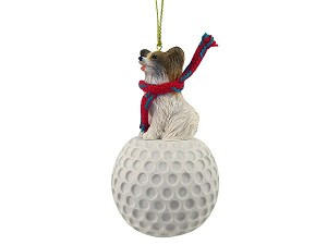 Brown & White Papillon Dog on Golf Ball Hanging Ornament – Hand-Painted Stone Resin