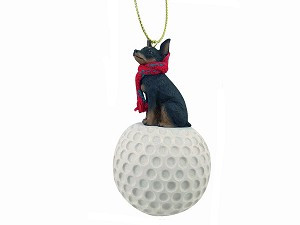 Tan & Black Miniature Pinscher Dog on Golf Ball Christmas Ornament – Hand-Painted Stone Resin