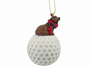 Longhaired Red Dachshund Dog on Golf Ball Christmas Ornament – Hand-Painted Stone Resin