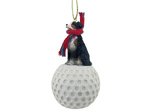 Tricolor, docked tail Australian Shepherd Dog on Golf Ball Hanging Ornament