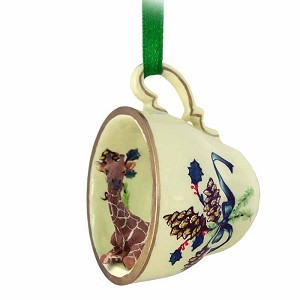 Giraffe in Green Holiday Tea Cup Christmas Ornament – Hand-Painted Stone Resin
