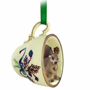 Red Squirrel in Green Holiday Tea Cup Christmas Ornament – Hand-Painted Stone Resin