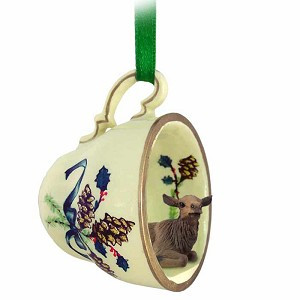 Elk in Green Holiday Tea Cup Christmas Ornament – Hand-Painted Stone Resin