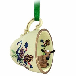 Guernsey Cow in Green Holiday Tea Cup Christmas Ornament – Hand-Painted Stone Resin