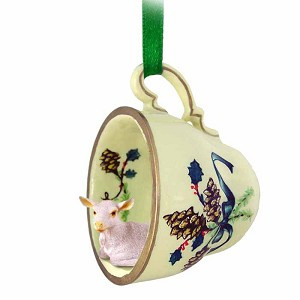 White Goat in Green Holiday Tea Cup Christmas Ornament – Hand-Painted Stone Resin