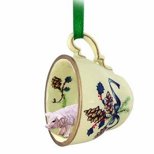Pink Pig in Green Holiday Tea Cup Christmas Ornament – Hand-Painted Stone Resin