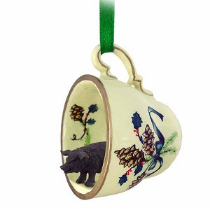 Black Pig in Green Holiday Tea Cup Christmas Ornament – Hand-Painted Stone Resin