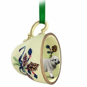 White Sheep in Green Holiday Tea Cup Christmas Ornament – Hand-Painted Stone Resin