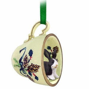 Black & White Rabbit in Green Holiday Tea Cup Christmas Ornament – Hand-Painted Stone Resin