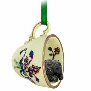 Porcupine in Green Holiday Tea Cup Christmas Ornament – Hand-Painted Stone Resin