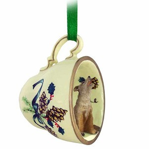 Green Holiday Coyote in Green Holiday Tea Cup Christmas Ornament – Hand-Painted Stone Resin