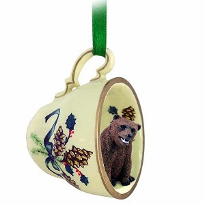 Grizzly Bear in Green Holiday Tea Cup Christmas Ornament – Hand-Painted Stone Resin