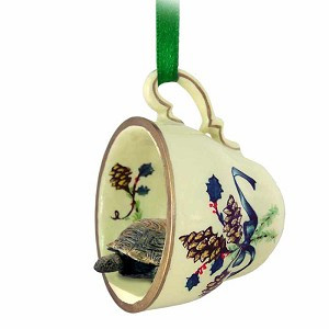 Green Holiday Turtle in Green Holiday Tea Cup Christmas Ornament – Hand-Painted Stone Resin