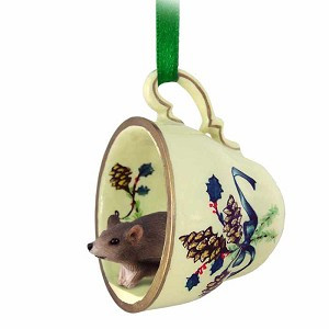 Mouse in Green Holiday Tea Cup Christmas Ornament – Hand-Painted Stone Resin