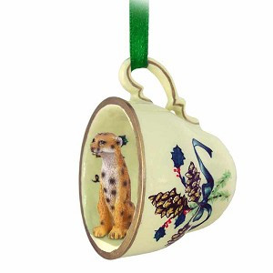 Cheetah in Green Holiday Tea Cup Christmas Ornament – Hand-Painted Stone Resin