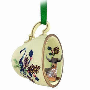 Green Holiday Tea Cup Long Horn Steer in Green Holiday Tea Cup Christmas Ornament