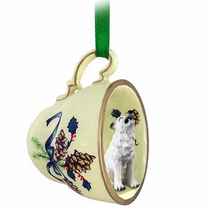 White Wolf in Green Holiday Tea Cup Christmas Ornament – Hand-Painted Stone Resin