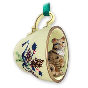 Brown Shorthaired Tabby Cat in Green Holiday Tea Cup Christmas Ornament – Hand-Painted Stone Resin
