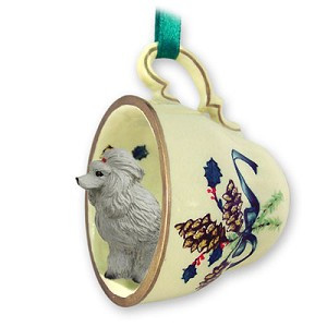 Gray Poodle Dog in Green Holiday Tea Cup Christmas Ornament – Hand-Painted Stone Resin