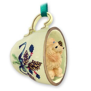 Apricot Poodle Dog in Green Holiday Tea Cup Christmas Ornament – Hand-Painted Stone Resin