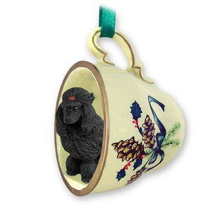 Black Poodle Dog in Green Holiday Tea Cup Christmas Ornament – Hand-Painted Stone Resin