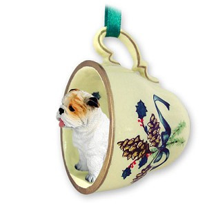 White Bulldog in Green Holiday Tea Cup Christmas Ornament – Hand-Painted Stone Resin