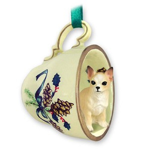 Tan & White Chihuahua Dog in Green Holiday Tea Cup Christmas Ornament – Hand-Painted Stone Resin