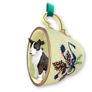 Brindle Bull Terrier Dog in Green Holiday Tea Cup Christmas Ornament – Hand-Painted Stone Resin