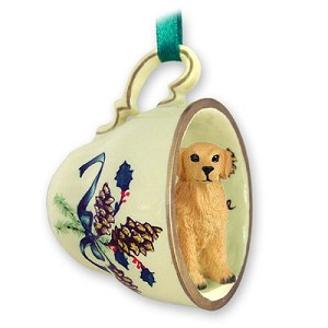 Golden Retriever Dog in Green Holiday Tea Cup Christmas Ornament – Hand-Painted Stone Resin