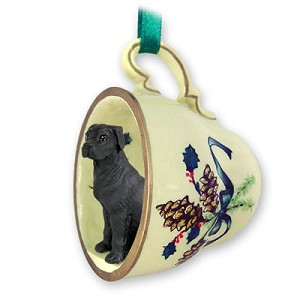 Black Uncropped Ears Great Dane Dog in Green Holiday Tea Cup Christmas Ornament