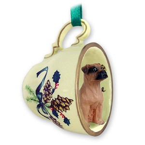 Tawny | Uncropped Ears Boxer Dog in Green Holiday Tea Cup Christmas Ornament