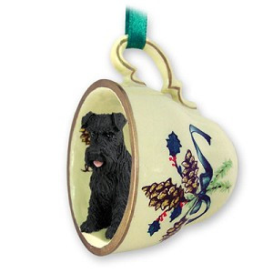 Black Uncropped Ears Schnauzer Dog in Green Holiday Tea Cup Christmas Ornament