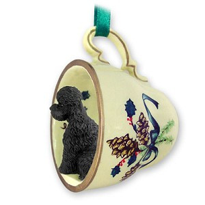 Black Sport Cut Poodle Dog in Green Holiday Tea Cup Christmas Ornament – Hand-Painted Stone Resin