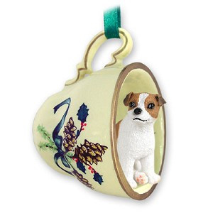 Brown & White Smooth Coat Jack Russell Terrier Dog in Green Holiday Tea Cup Christmas Ornament