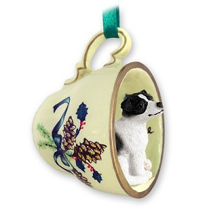 Black & White Smooth Coat Jack Russell Terrier Dog in Green Holiday Tea Cup Christmas Ornament