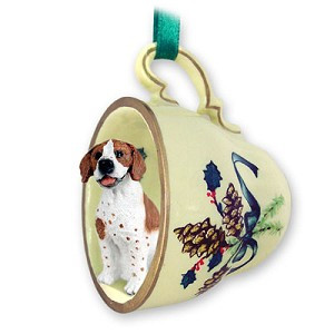 Brown & White Pointer Dog in Green Holiday Tea Cup Christmas Ornament – Hand-Painted Stone Resin