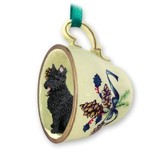Bouvier des Flandres Dog in Green Holiday Tea Cup Christmas Ornament – Hand-Painted Stone Resin