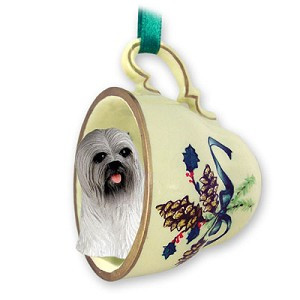 Gray Lhasa Apso Dog in Green Holiday Tea Cup Christmas Ornament – Hand-Painted Stone Resin