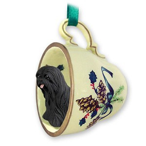 Black Lhasa Apso Dog in Green Holiday Tea Cup Christmas Ornament – Hand-Painted Stone Resin
