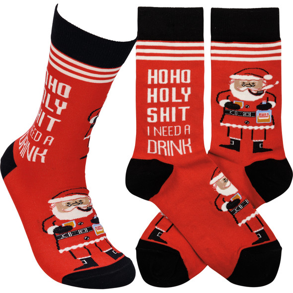 Colorfully Printed Cotton Socks - HoHo Holy Shit I Need A Drink - Santa from Primitives by Kathy