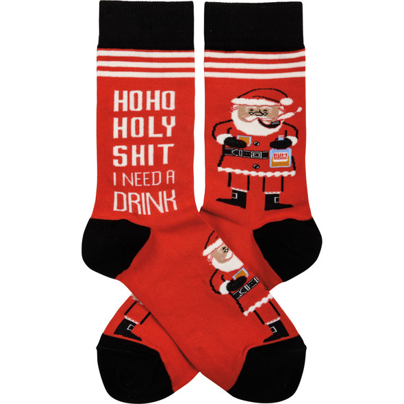 Colorfully Printed Cotton Socks - HoHo Holy Shit I Need A Drink - Santa from Primitives by Kathy