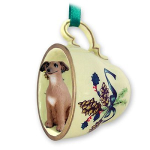 Italian Greyhound Dog in Green Holiday Tea Cup Christmas Ornament – Hand-Painted Stone Resin