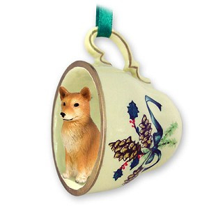 Finnish Spitz Dog in Green Holiday Tea Cup Christmas Ornament – Hand-Painted Stone Resin