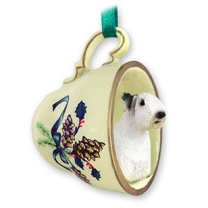 Sealyham Terrier Dog in Green Holiday Tea Cup Christmas Ornament – Hand-Painted Stone Resin
