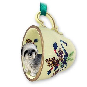 Gray Sport Cut Lhasa Apso Dog in Green Holiday Tea Cup Christmas Ornament – Hand-Painted Stone Resin