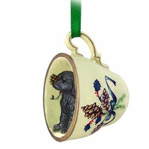 Black Labradoodle Dog in Green Holiday Tea Cup Christmas Ornament – Hand-Painted Stone Resin
