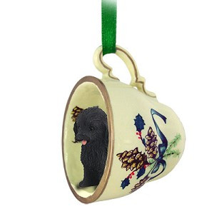 Black Cockapoo Dog in Green Holiday Tea Cup Christmas Ornament – Hand-Painted Stone Resin